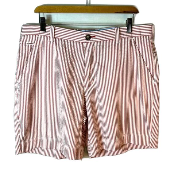 True Flies Red White Striped Seersucker 7.25" Inseam Chino Style Shorts Size 36 - Picture 2 of 15